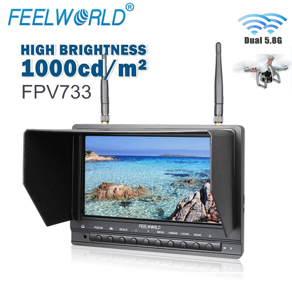 

FEELWORLD FPV733 7" High Brightness 1000 Nits Sun Readable FPV Monitor Built-in Battery Dual 5.8G 32CH Diversity Receiver