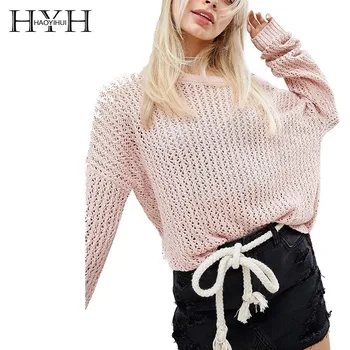 

HYH Haoyihui 2019 Simple Leisure Sexy Back Cross Design Tops Strapless Shoulder Openwork Knitting Long Sleeve Pullover sweater