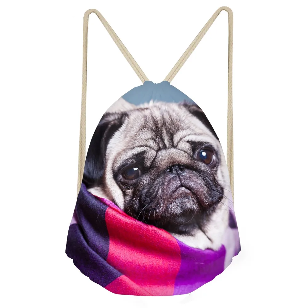 Casual Teens Girls Drawstrings Bags Cute 3D Animal Pug Dog Print Travel Storage Backpacks Softback Womem