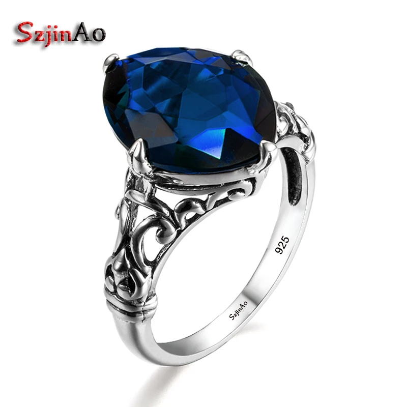

Szjinao 925 Sterling Silver Jewelry Wholesale Bohemia Blue Stone Crystal Ring Engraved Ring Fine Jewelry Women Handmade Gift