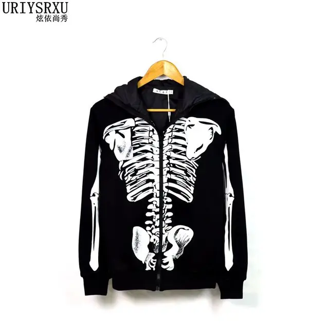 2017 New Skeleton Loose Full Zip Hoodie Sweatshirt Men Hip