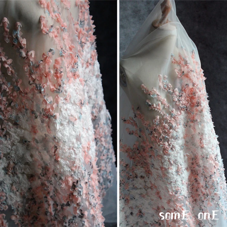 

3D Pink Flower Organza Mesh Lace Fabric Perspective Clothing Wedding Dress Fabric DIY Handmade Materials Sewing Accessories