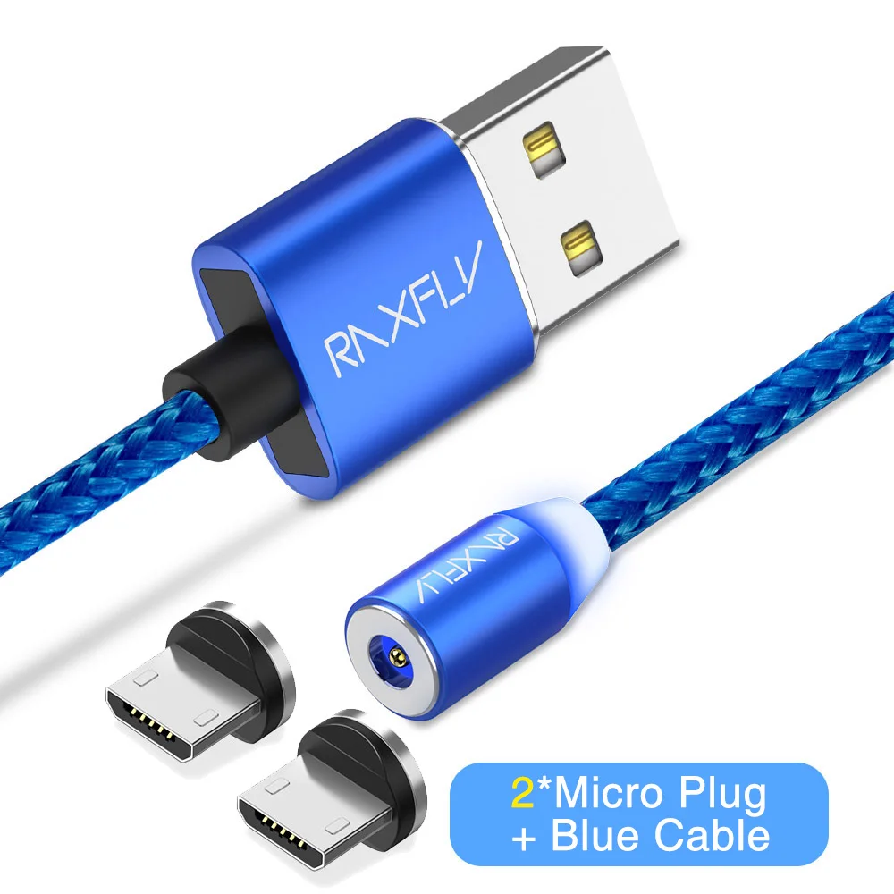 Магнитный кабель RAXFLY Micro usb type C кабель для iPhone 11 Pro Max Xiaomi Redmi провод для быстрого заряда 1 м светодиодный магнитный кабель для зарядки - Цвет: Blue Micro 2 Plugs