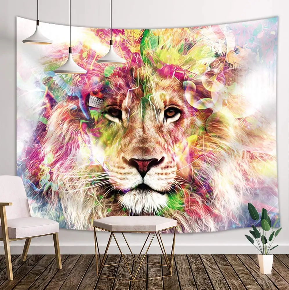 Lion Tapestry Safari Mystic Forest Wild Animals Watercolor Style Hippie