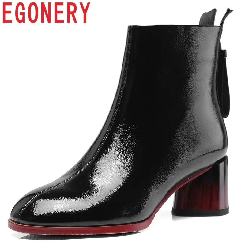 

EGONERY women shoes 2018 winter new fashion sexy round toe patent leather high strange style zip black and apricot ankle boots