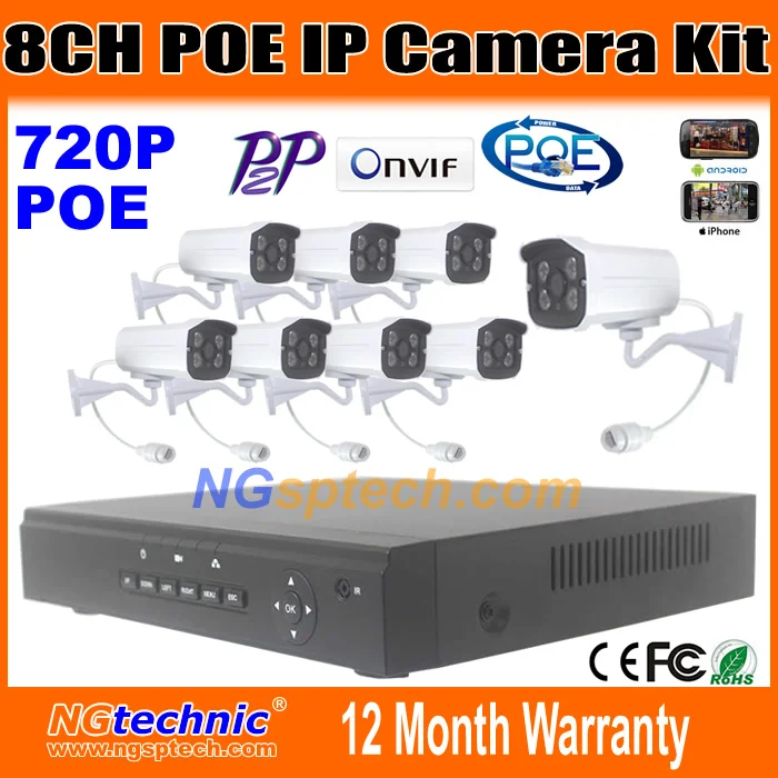 

8 Channel POE NVR Kit 8Pcs HD 720P 1.0Megapxiel POE IP Cameras Power Over Ethernet + ONVIF/P2P POE NVR Recorder Security System