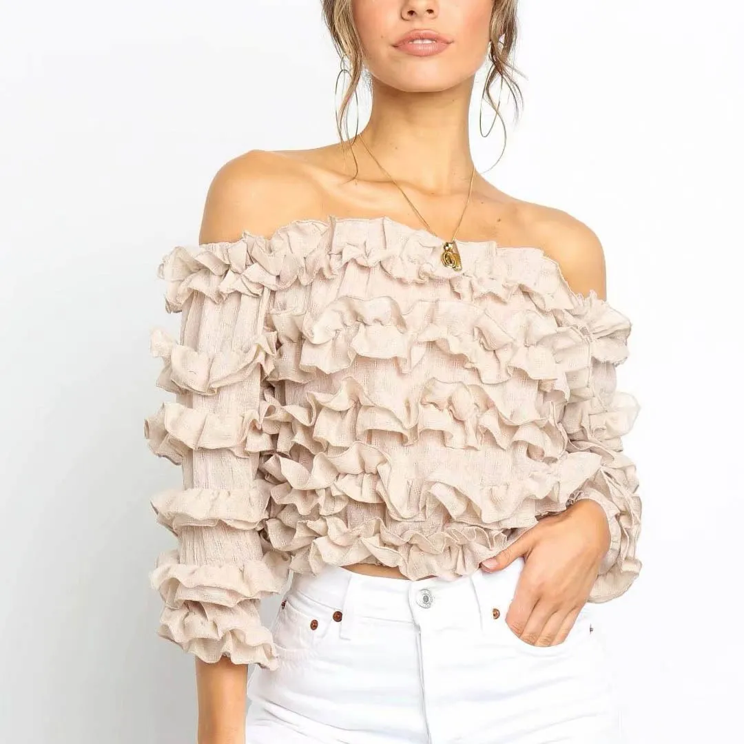 

Off Shoulder Crop Tops Women Summer Autumn Long Sleeve Shirts Lady Sexy Slash Neck Blouse