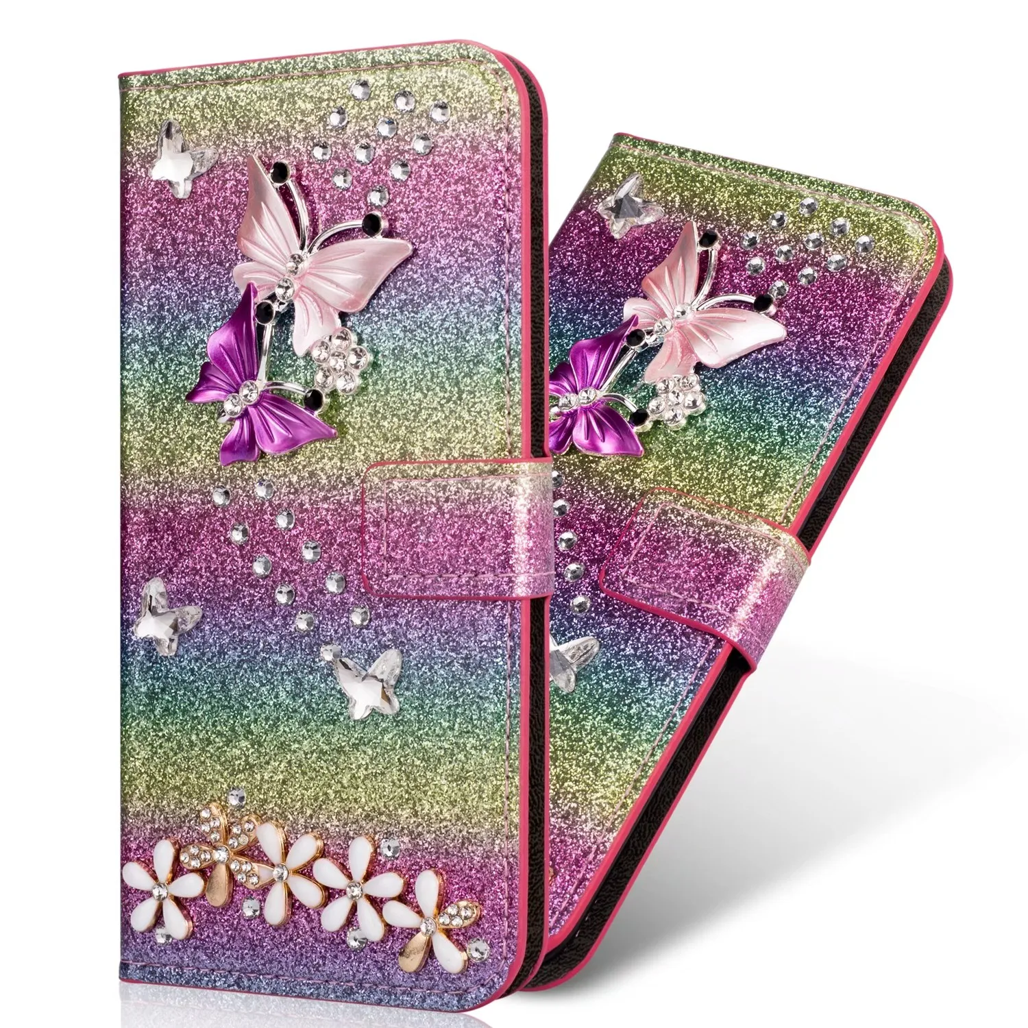 Кожаный флип-чехол-подставка для девочек, чехол для телефона samsung Galaxy S10 plus S10 5G A70 A50 A40, Блестящая бабочка со стразами