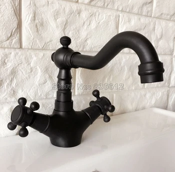 

Black Oil Rubbed Bronze Dual Handle Bathroom Basin Faucet Vessel Sink Mixer Taps Swivel Spout Cold & Hot Water Faucets Wnf346