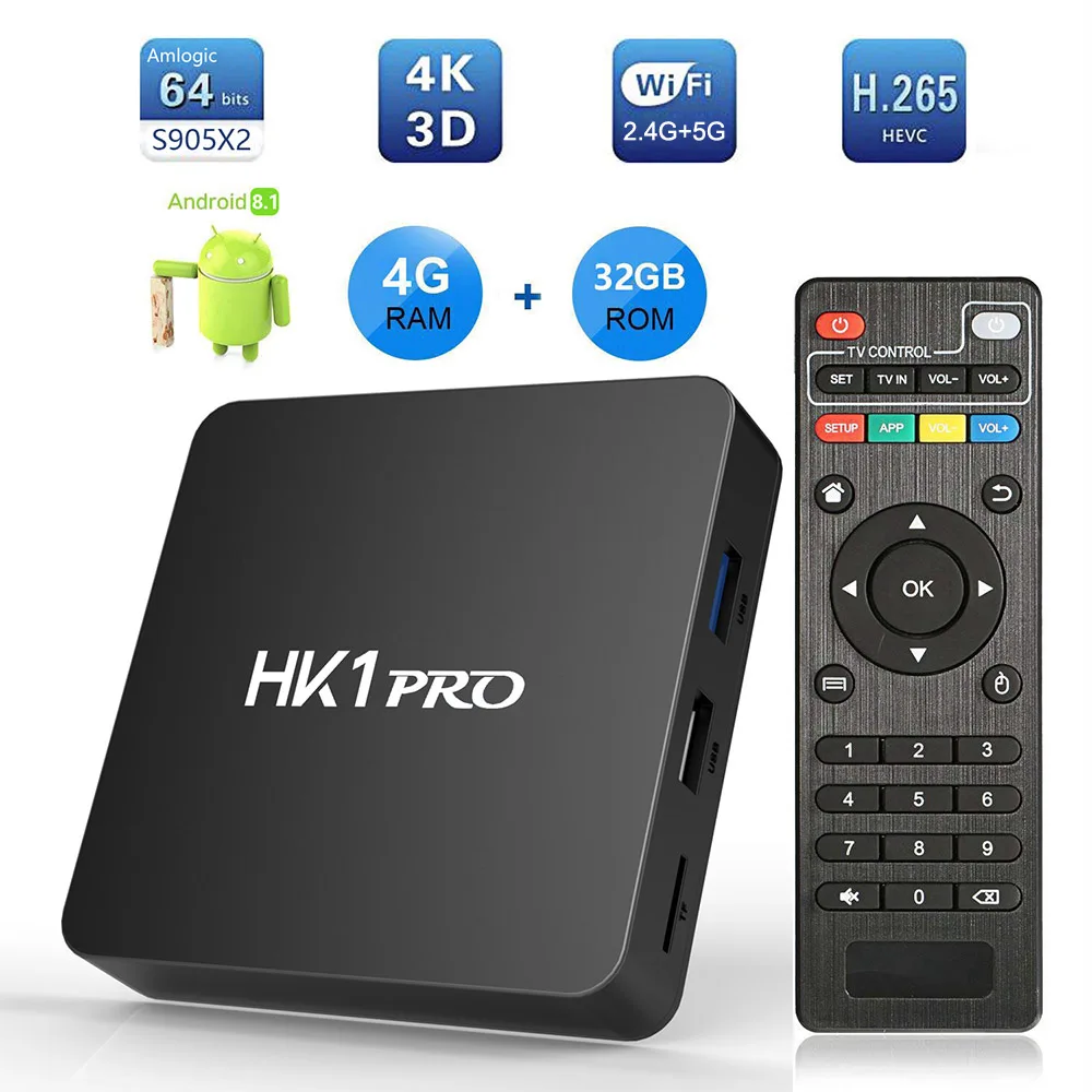 

Android 8.1 Smart TV Box LPDDR4 4GB 64GB Amlogic S905X2 Quad Core 2.4G 5G Dual Wifi BT 100M H.265 4K 60pfs Media Player HK1 pro
