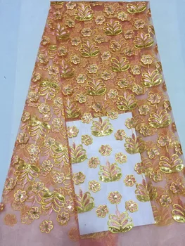

African Lace Fabric 2018 Orange Gold African Tulle Lace Fabric With 3 D Flower Sequins French Net Lace For Women Dress New