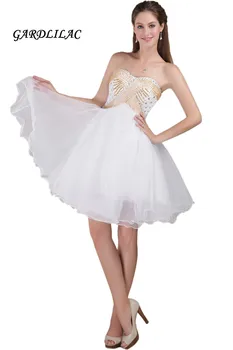 

Real Pictures White Short Prom Dress Homecoming Dress 2018 Backless Organza with Gold Beads Mini Cocktail Dress