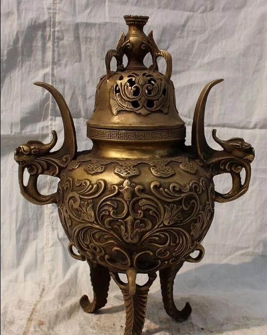 

12" Chinese Brass Dragon Unicorn Beast Head Statue Flower Incense Burner Censer