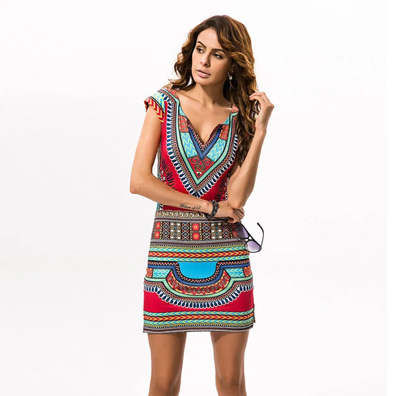 

Boho Tranditional African Print Dashiki Dresses for Women Sexy Club Bodycon Summer T Shirt Dress 2019 Red Tunic Clothing Robe