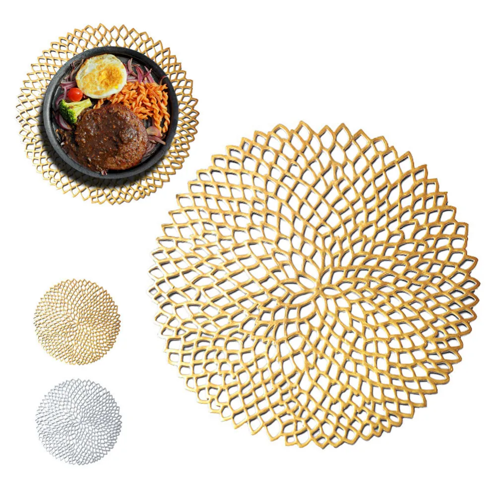 

Elegant PVC Dining Tableware Pad Hollow Round Insulation Decorative Metallic Placemat Coaster Pads Table Bowl Mats Home Decor