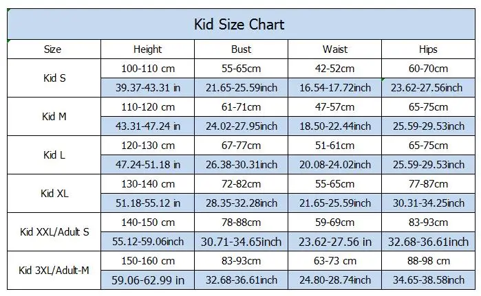 Kid size with inch
