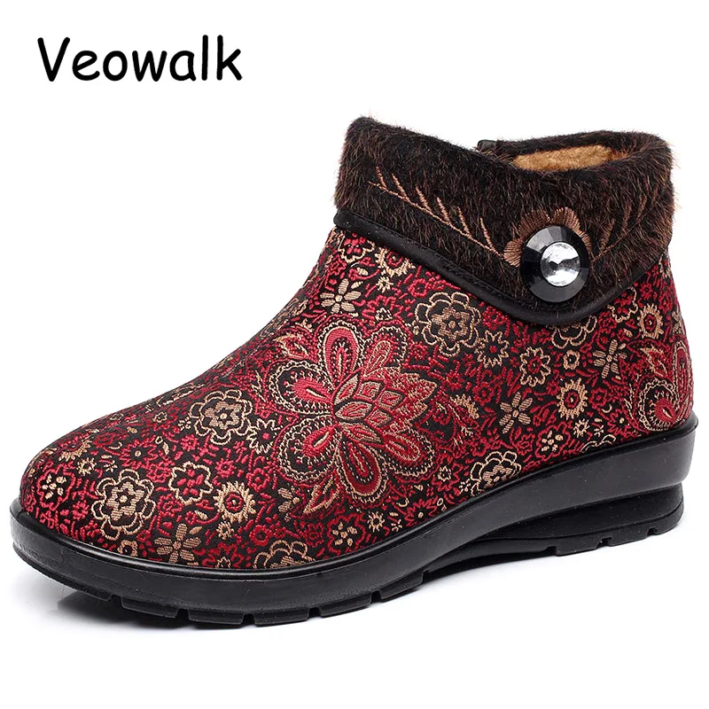 

2017 Winter Women's Warm Fur Platform Ankle Boots Vinatge Ladies Cotton Snow Booties 3cm Wedge Shoes Present for Mother