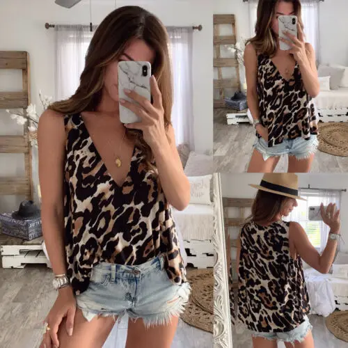 

Fashion Women Casual Chiffon Leopard Shirt Summer Sleeveless Vest Loose Casual Blouse Tops