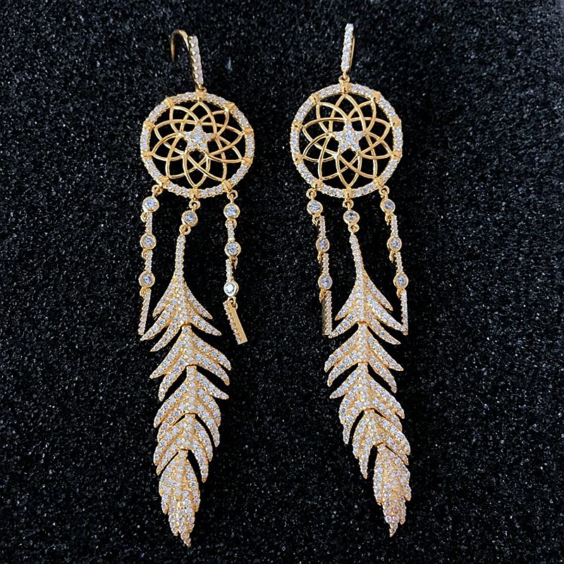 

YP JUIN Dreamcatcher Feather Stud Earring Hollow Star 925 Sterling Silver Zircon Women Feather Egypt Temple Wedding Jewelry