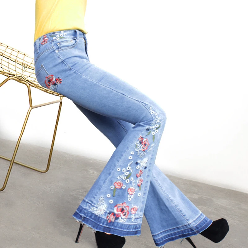 Weweya Flare Jeans Women Embroidery High Waist Bell Bottom Skinny Jeans