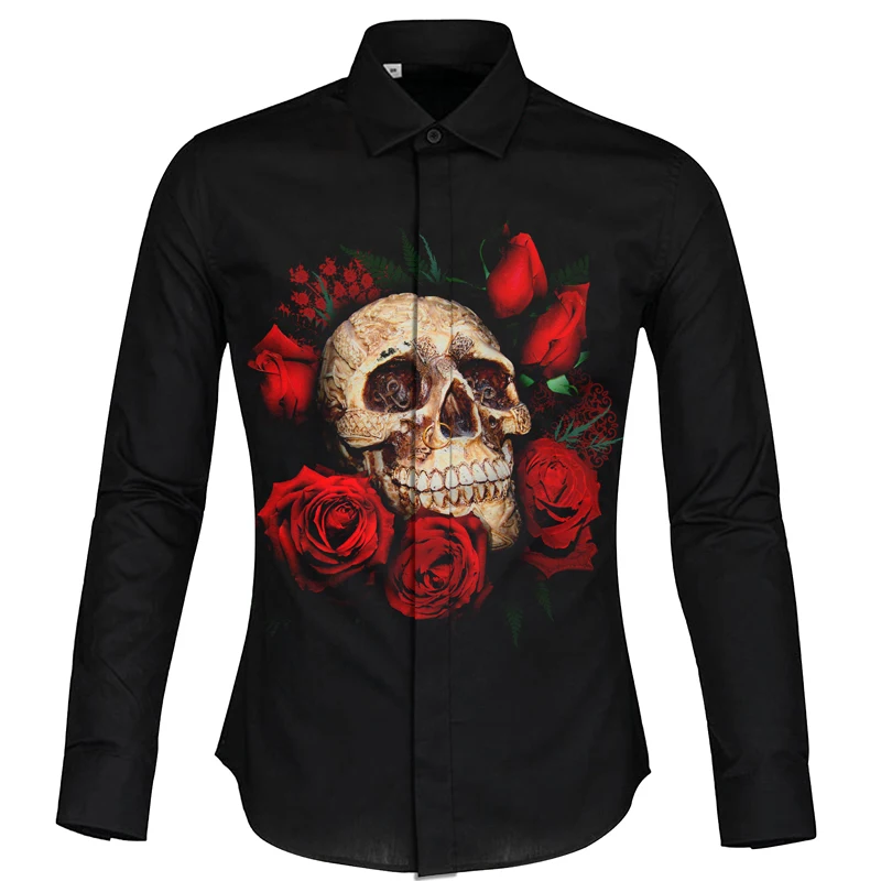 

Cloudstyle Skull Man Shirt Print camisa social masculina manga longa slim Cosplay Fashion Blouse Plus Size 2XL Cool Design