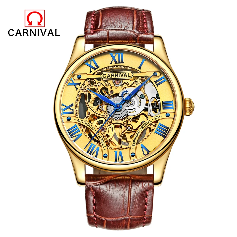 

Carnival Leather Gold Watch Number Bezel Sport Design Mens AAA Watches Top Brand Luxury Automatic Mechanical Watch Clock Relogio