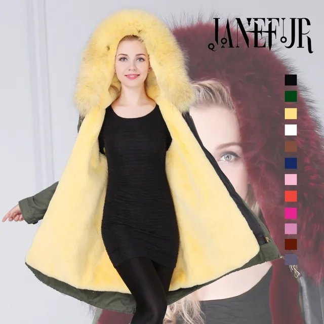 Cheap DHL Fast Shipping Women Winter Long Khaki Green Jacket Thick Fake Fur Parkas Real Raccoon Fur Collar Hooded Outwear Clothing