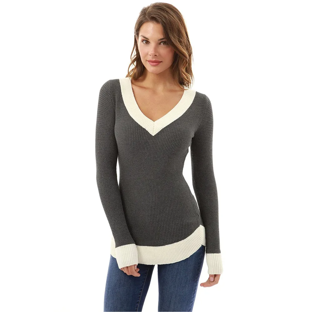 

2018 New Arrivals Casual Elegant Ladies V Neck Long Sleeve Gray Black Women Tees Autumn Winter Womans Tops