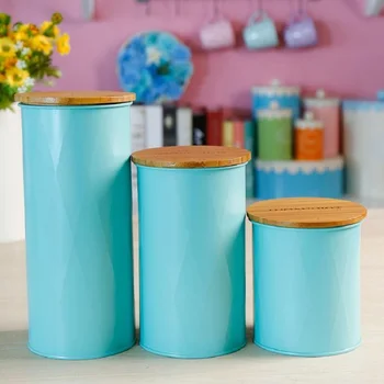 

3Pcs/Set Bamboo Cover Storage Boxs Candy Tea Coffee Storage Set Jar Iron Multi-function Household Thicken Hi-quality Blue-green