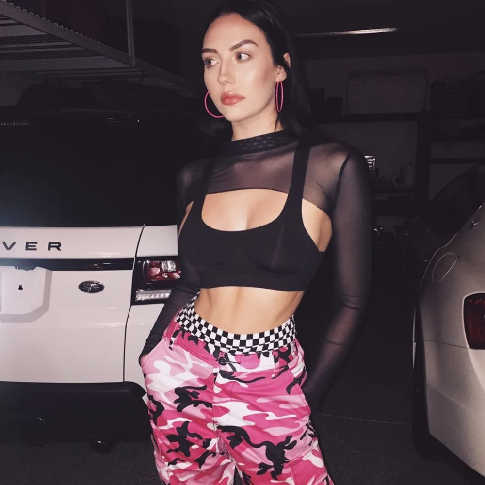 8Sweetown Black Mesh Crop Top Long Sleeve T Shirt White Transparent Tee Shirt Femme Sexy See Through Summer Tops For Women 2018