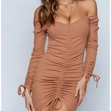 Осеннее вязаное платье с открытыми плечами, женское сексуальное облегающее платье цвета хаки, повседневная одежда, вязаная одежда в стиле ретро, шикарное маленькое черное платье+ костюм