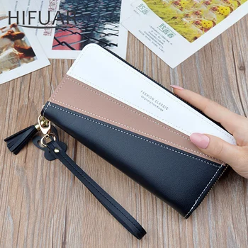 

High Quality PU Leather Wallet Women Long Zipper Coin Purse Patchwork Tassel Clutch Wallets Female Credit Card Holder Money Bags