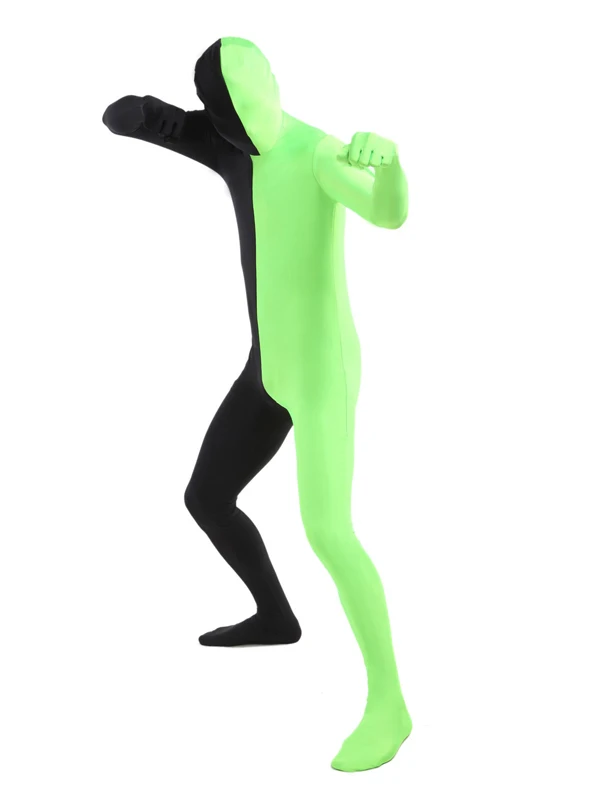 Split Green And Black Zentai Spandex Lycra Bodysuit