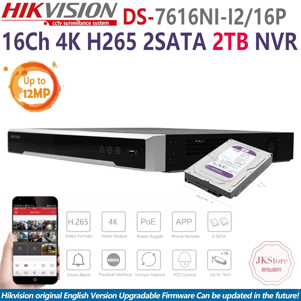 Hikvision DS-7616NI-I2/16 P 16CH 4K NVR установка 2 ТБ фиолетовый WD Жесткий диск VCA сетевой