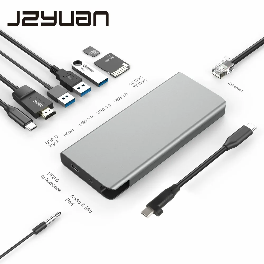 

JZYuan USB C 3.1 HUB HDMI 4K Ethernet Audio port Type C PD USB 3.0 Card Reader Hub Adapter Laptop Accessories For Macbook Pro