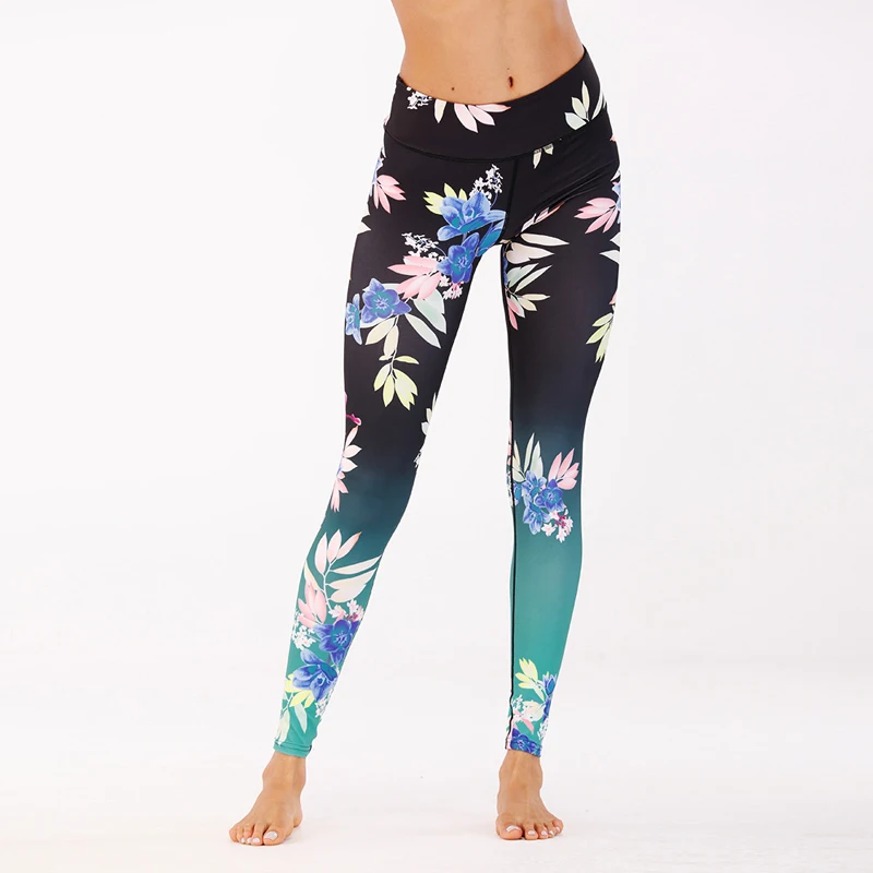 Women's Floral Printed Gradient Color Yoga Pants Elastic Waist
