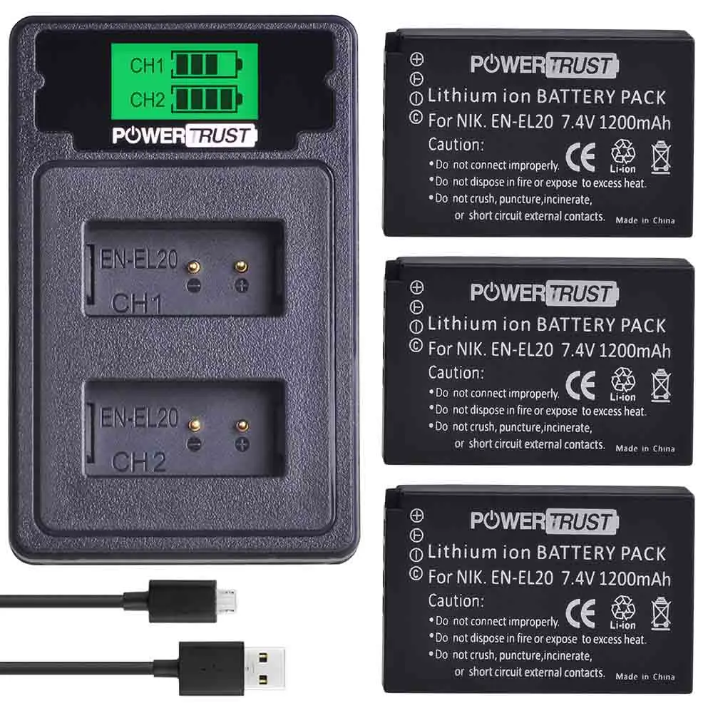 PowerTrust 2 шт. 1200 мАч EN-EL20 EN-EL20a EN EL20 батарея+ ЖК-дисплей Dual USB зарядное устройство для NIKON 1 J1 J2 J3 S1 батареи камеры - Цвет: 3 battery set