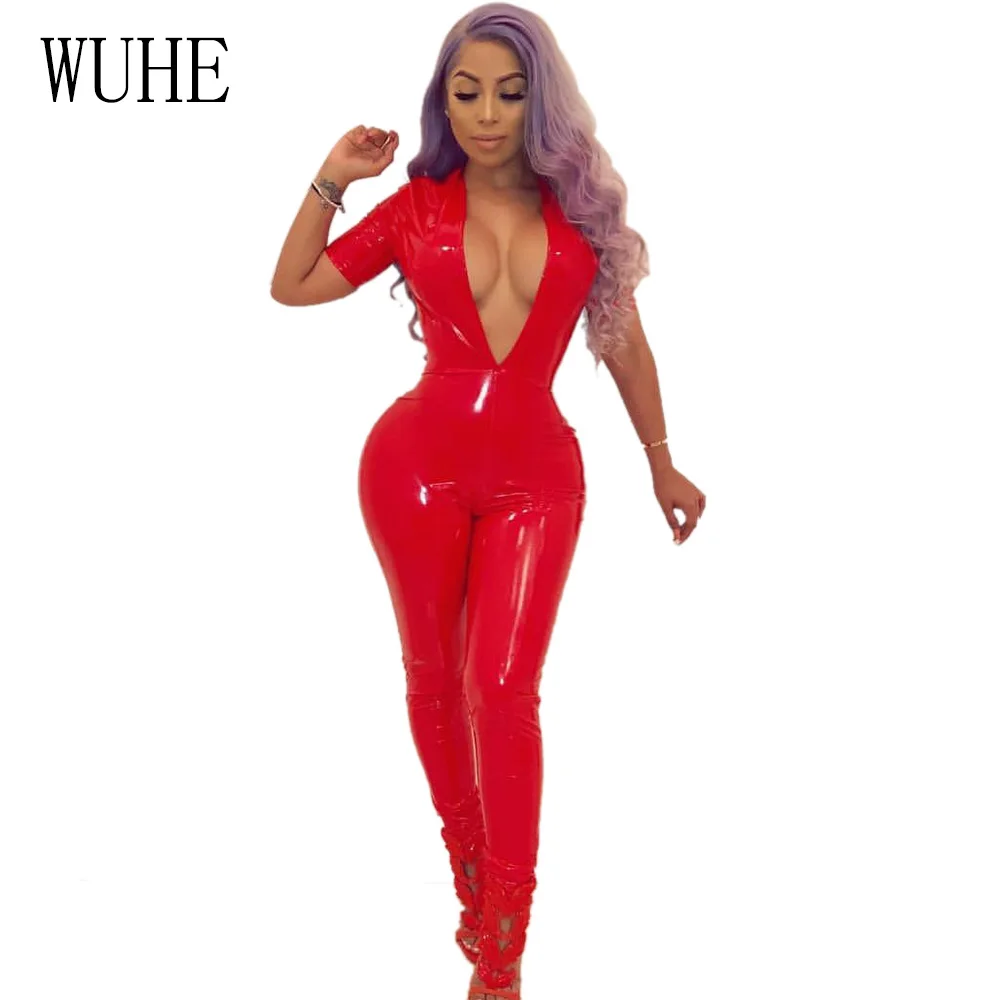 WUHE Sexy PU Leather Bodycon Bandage Jumpsuit Women Deep V Neck Autumn Winter Rompers Overalls Elegant Party Bodysuits Playsuits