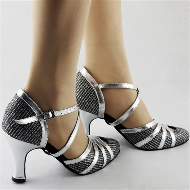 HXYOO обувь для латинских танцев; элегантная женская обувь для бальных танцев; женская обувь на мягкой подошве; цвет серый, серебристый; высота каблука 4,5-8,5 см; JYG429