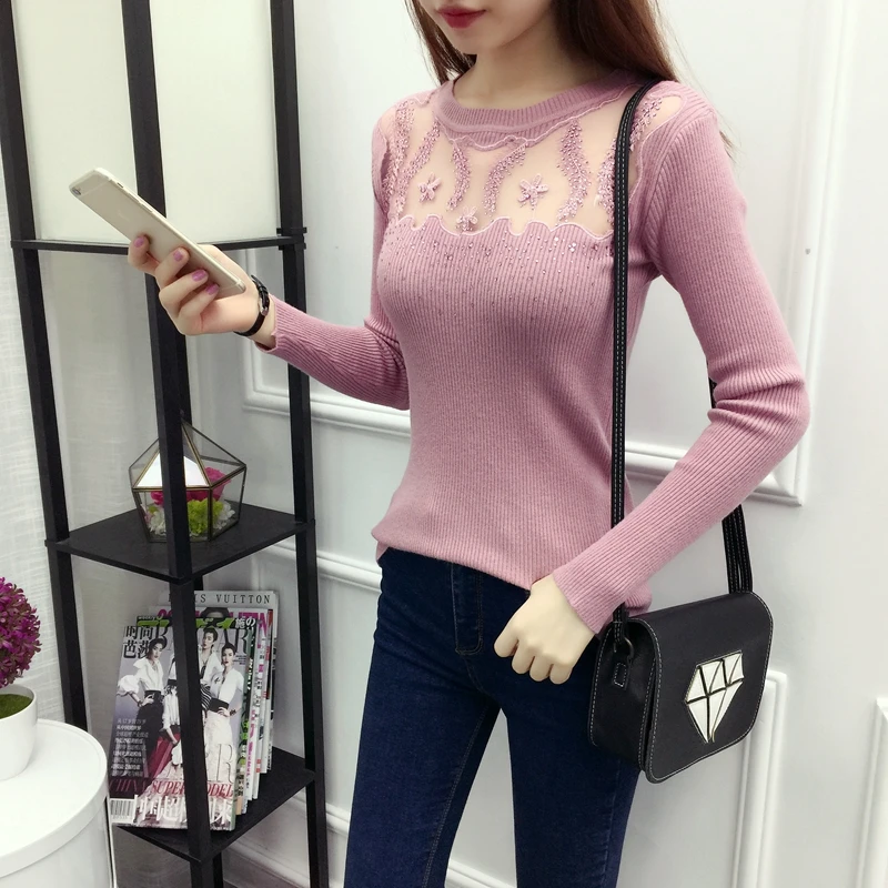 WWENN Women Sweater Pullovers Fashion Casual Long Sleeve O-neck Twist Knitted  Sweter Casacos Femininos Lace Diamond Cashmere