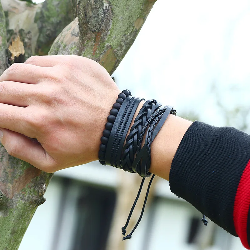 

2019 Multilayer Punk Retro Ethnic Vintage Braided Leather Bracelets Bohemian Bead Charm Wrap Men's Bracelet Set Jewelry Gift