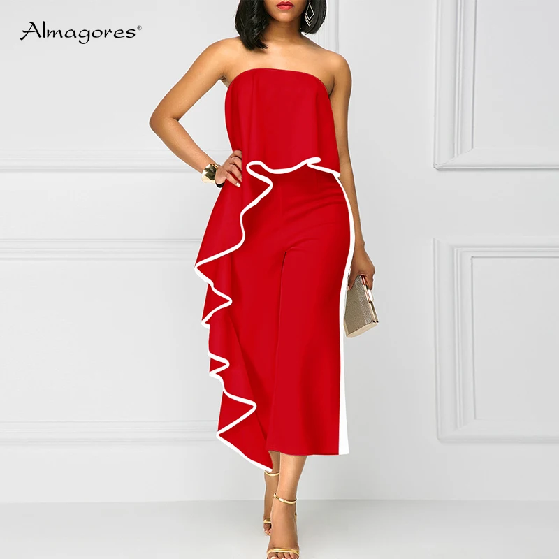 White Red rompers womens jumpsuit Ruffles Summer Strapless Elegant Backless Evening Party Rompers Overalls macacao feminino 2018