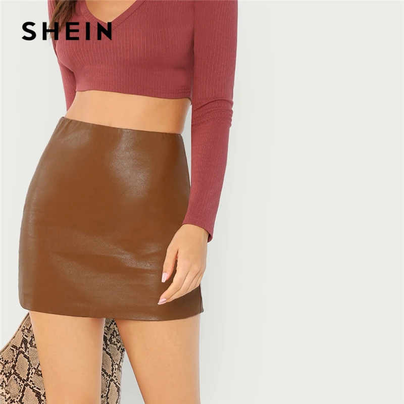 SHEIN Brown Zip Up Back PU Skirt Elegant Workwear Above Knee/Short Mid Waist Skirts Women Autumn