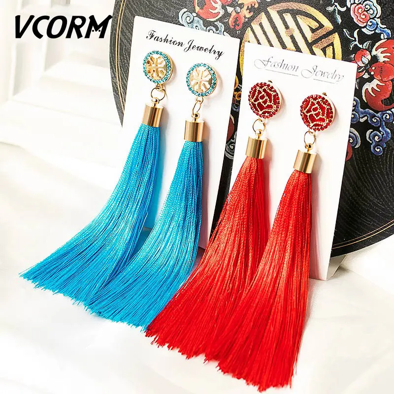 

VCORM Bohemian Fashion Tassel Long Drop Earrings for Women 2019 Vintage Ethnic Crystal Dangle Fringe Earrings femme Jewelry....