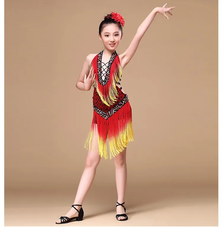 От 8 до 15 лет производительность Детская Одежда для танцев с v-образным вырезом с бисером с низким вырезом на спине, отделанные бахромой платье для латиноамериканских танцев платье для танцев для девочек
