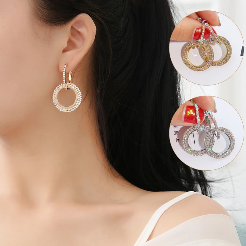 

New Fashion Simple Geometric Round Drop Earrings Gold And silver Crystal Earrings Hanging Hoop Earring For Women Party Gift