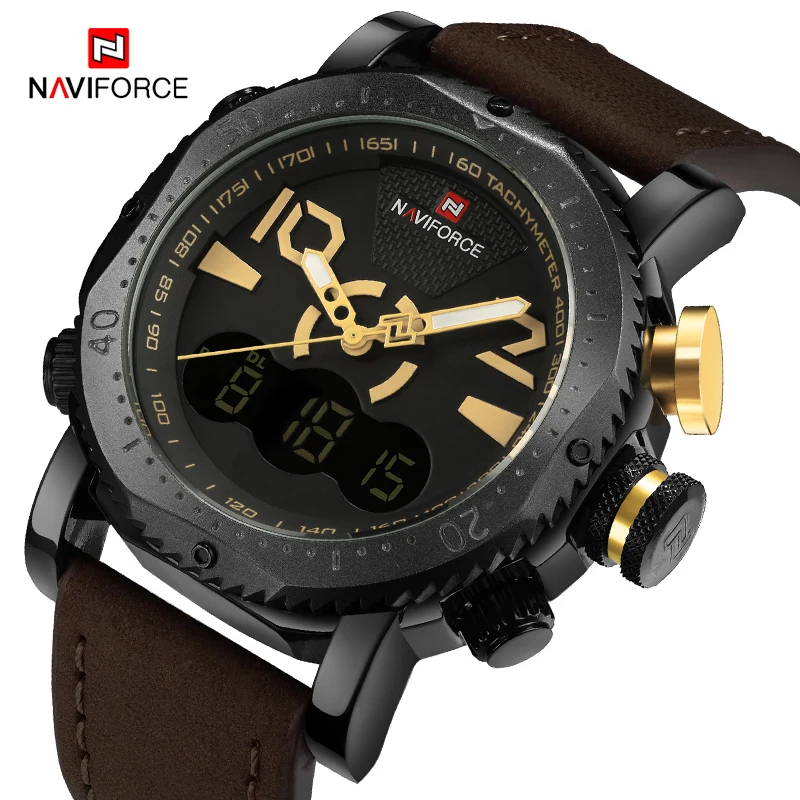 Naviforce Мужская мода двойной Дисплей цифровой Кварцевые наручные часы Спортивные