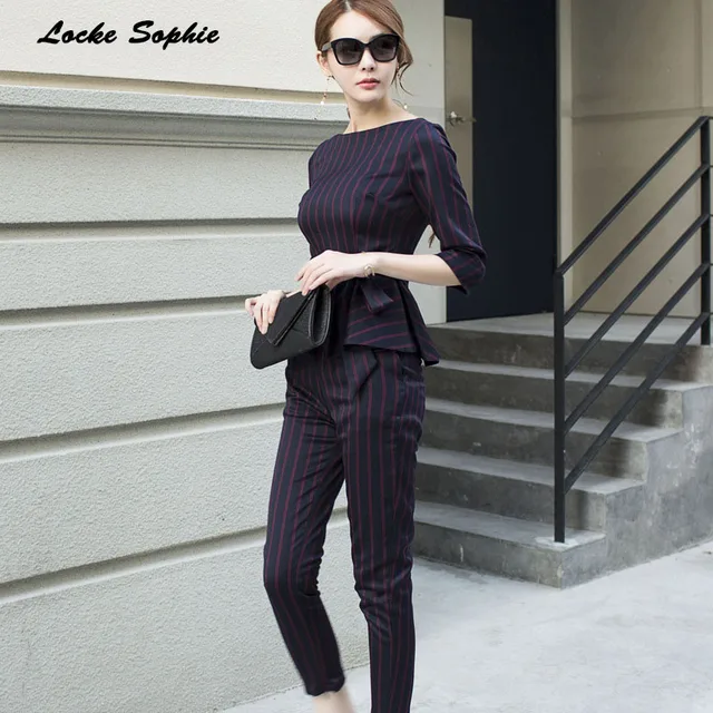 2 piece set women's pants and shirts 2019 Spring cotton blend stripe ...