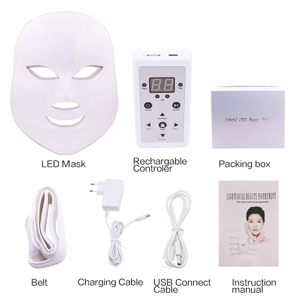 White Retail Box 7 цветов светильник светодиодный маска для лица с омоложением кожи шеи уход за лицом Лечение Красота анти акне терапия отбеливающий инструмент - Цвет: White Retail Box