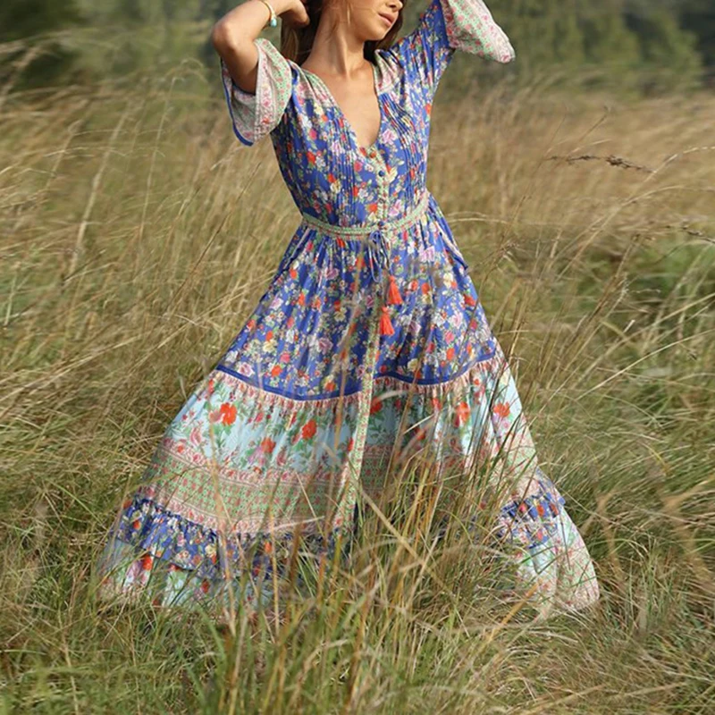 Женское платье, летнее, модное, плиссированное, Boho, вечерние, большие размеры, цветочные кнопки с рисунками, макси, v-образный вырез, ретро